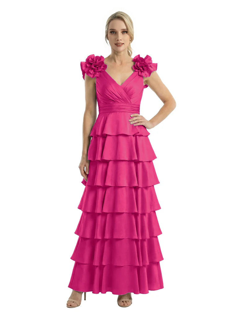 Mother of The Bride Dresses V-Neck Sleeveless Satin Tiered Maxi Gown Unique Flower Detailed Formal Wedding Event Attire