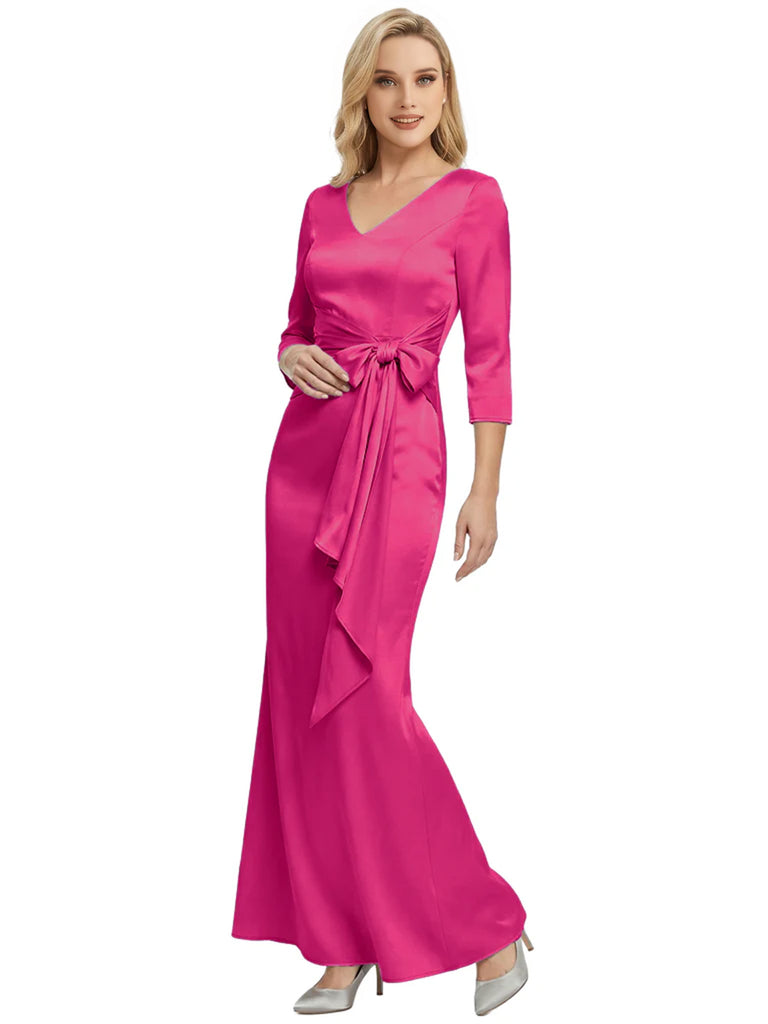 Mother of The Bride Dress Elegant V-Neck 3/4 Sleeve Satin Trumpet Maxi Gown