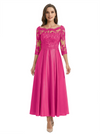 Mother of The Groom Dress Off Shoulder 3/4 Sleeve Lace Satin Midi Gown Classy Pleated
