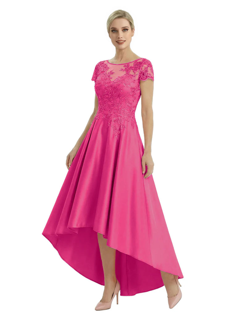 Elegant Mother of The Bride Dress Scoop Short Sleeve Lace Satin High-Low A-Line Gown