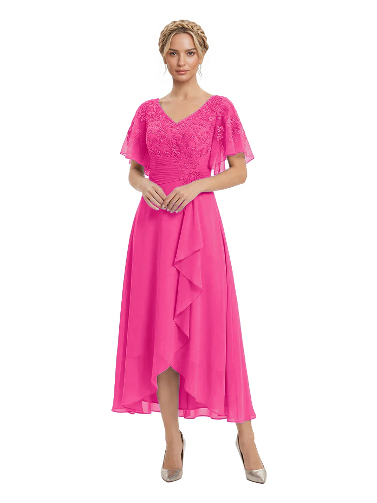 Unique Flutter Sleeves Lace Beaded Short Mother of the Groom Dresses