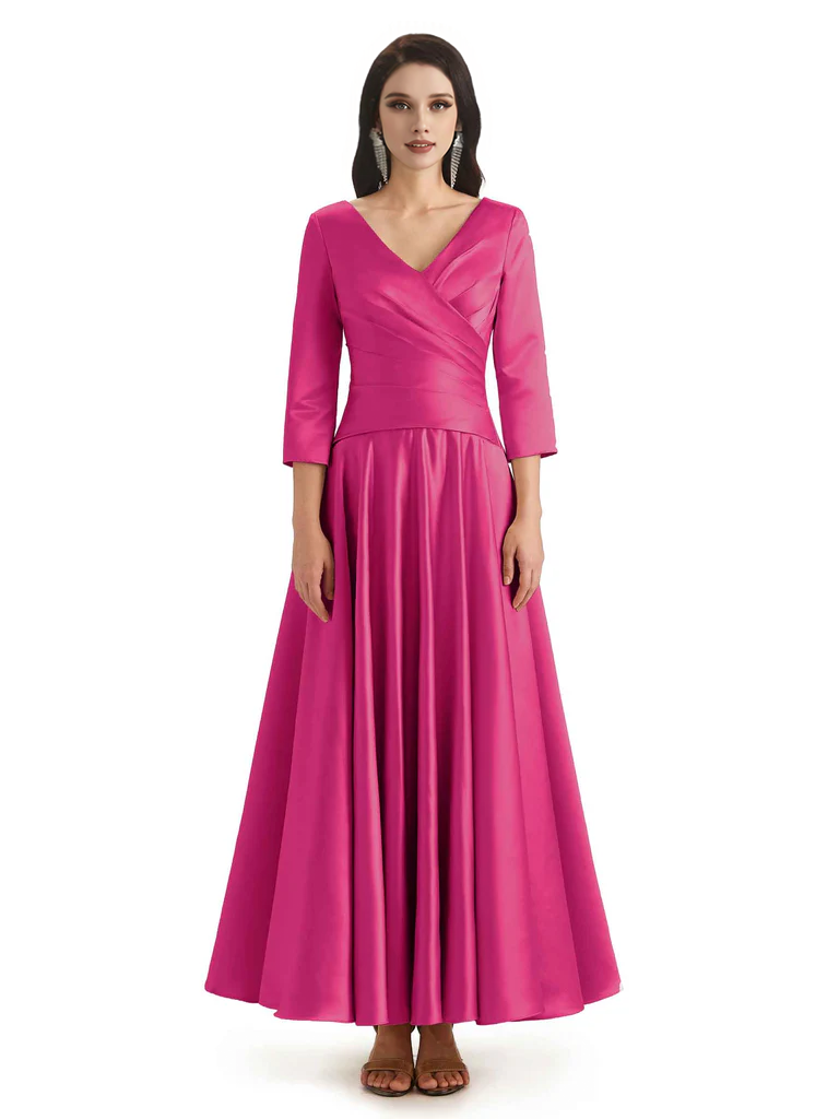 Elegant Soft Satin 3/4 Sleeves V-Neck Ankle Length Mother of The Bride Dresses