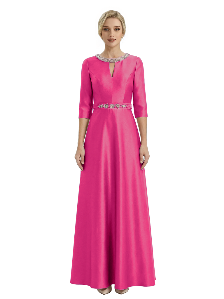 Sophisticated 3/4 Sleeves Beaded A-Line Satin Mother Of The Bride Dress