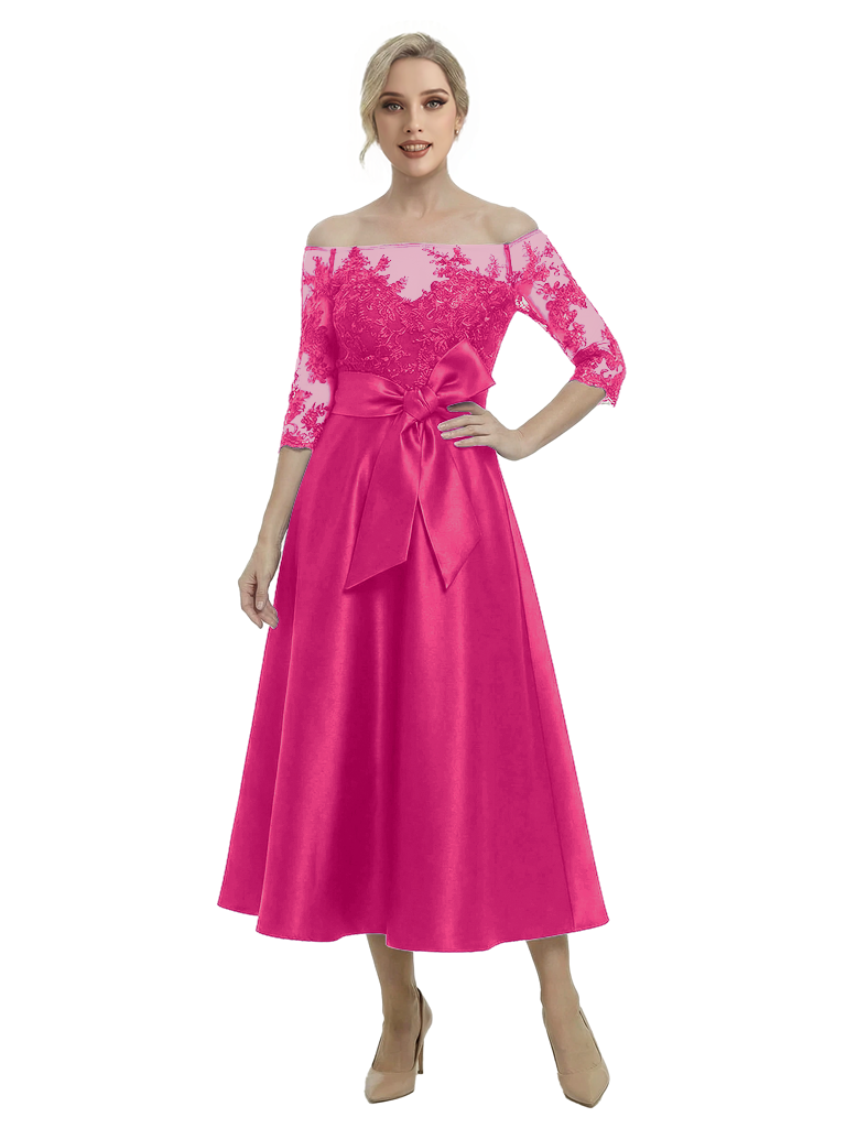 Unique Off Shoulder Tea-Length Satin Mother Of The Bride Dress With Lace Illusion