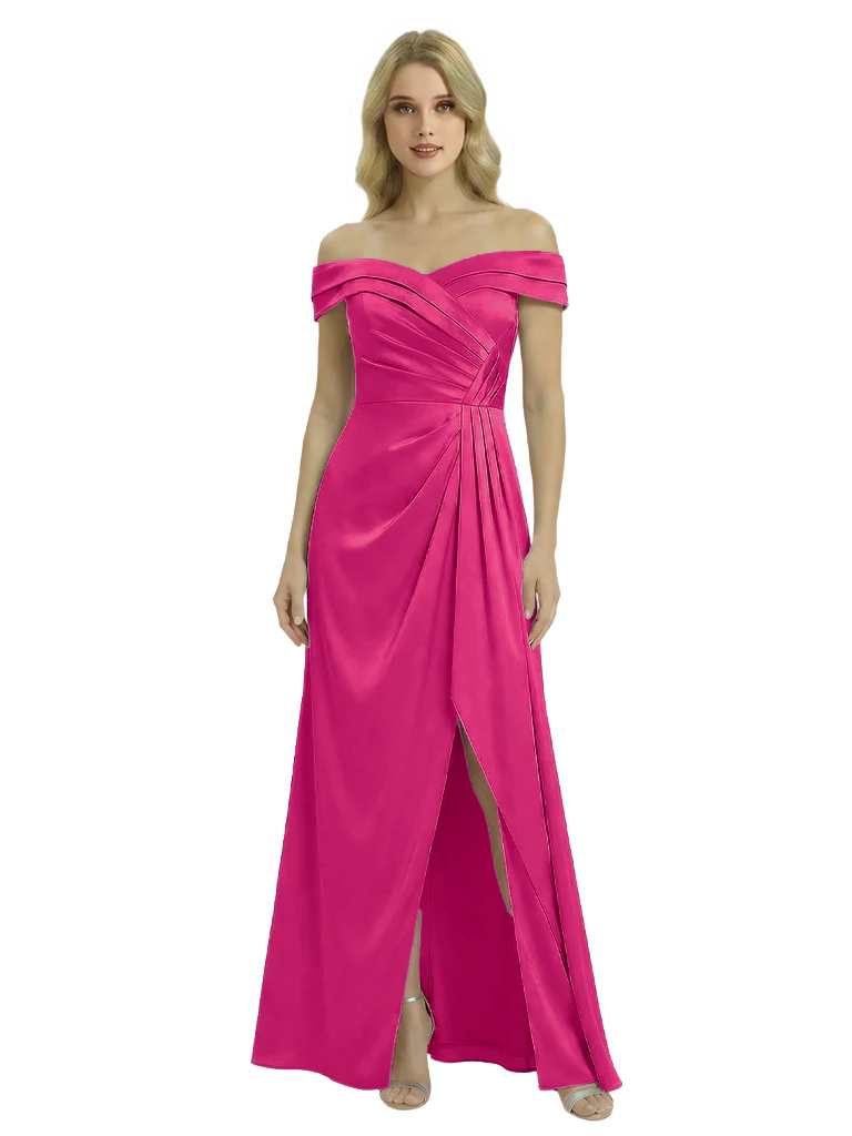 Off The Shoulder Mother Of The Groom Dresses Side Slit Satin Ruched A-Line Gown