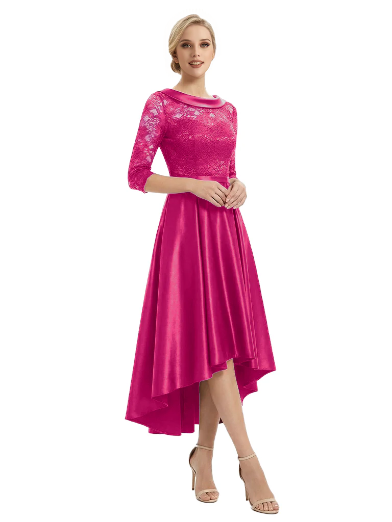 Elegant Boat Neck Satin Lace Mother Of The Bride Dresses High-Low A-Line Gowns
