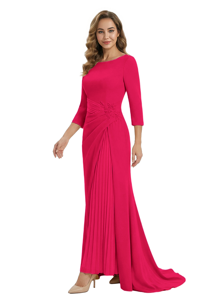 Mother of The Groom Dress Elegant Crew Scoop 3/4 Sleeve Crepe Maxi Gown Pleated Detail Classy Look