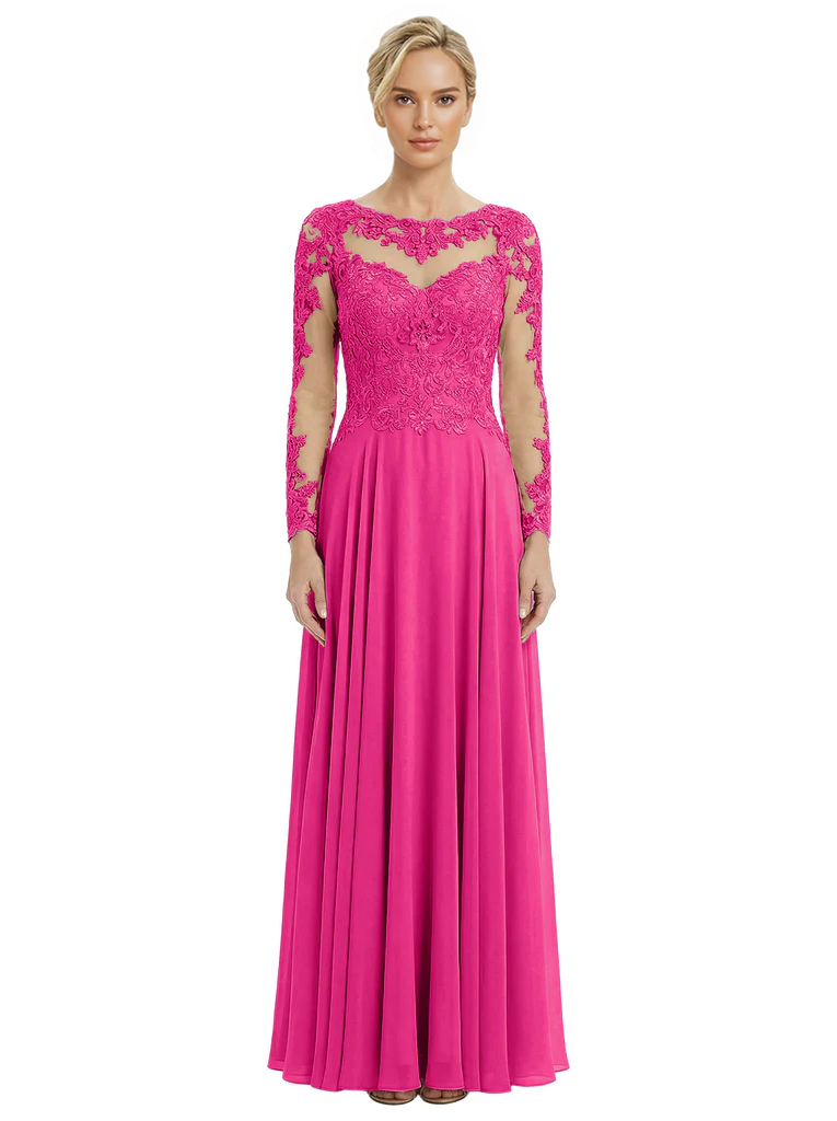 Mother of The Bride Dresses Scoop Long Sleeve Lace Chiffon Maxi Gown Pretty Embroidered Formal Wedding Event Attire