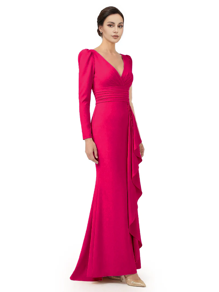 V-Neck Long Sleeves Ruffle Crepe Mother Of The Groom Dress Mermaid