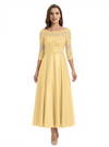 Mother of The Groom Dress Off Shoulder 3/4 Sleeve Lace Satin Midi Gown Classy Pleated