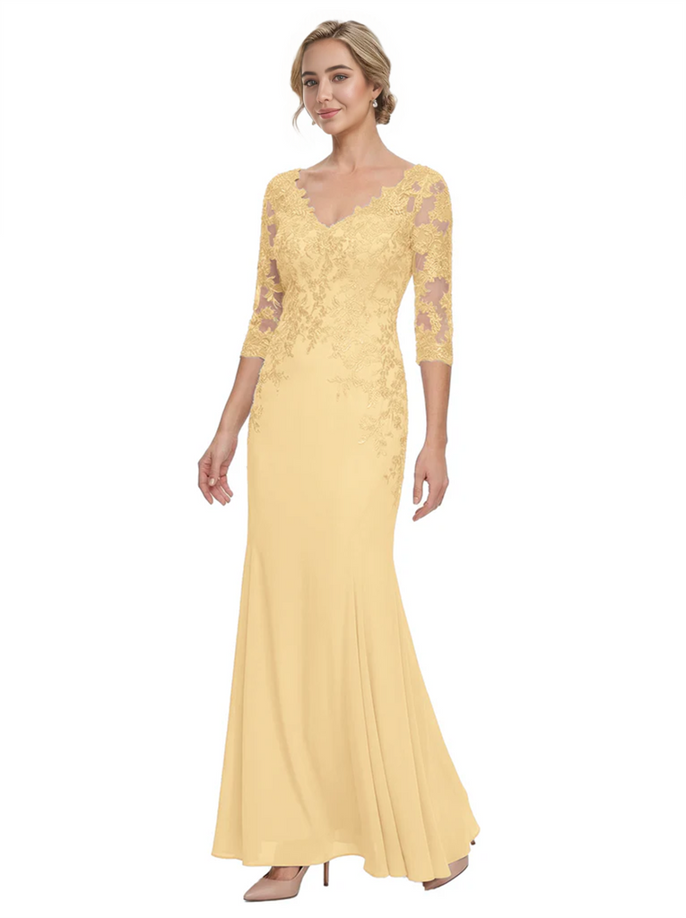 Mother of The Bride Gown V-Neck Half Sleeve Lace Chiffon Trumpet Maxi Dress Unique Sophisticated