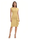 Mother of The Bride Dress Beautiful Jewel Cap Sleeve Crepe Sheath Midi Gown Ruffled Stylish Design