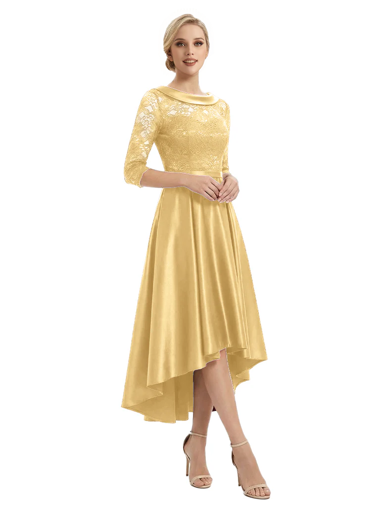 Elegant Boat Neck Satin Lace Mother Of The Bride Dresses High-Low A-Line Gowns