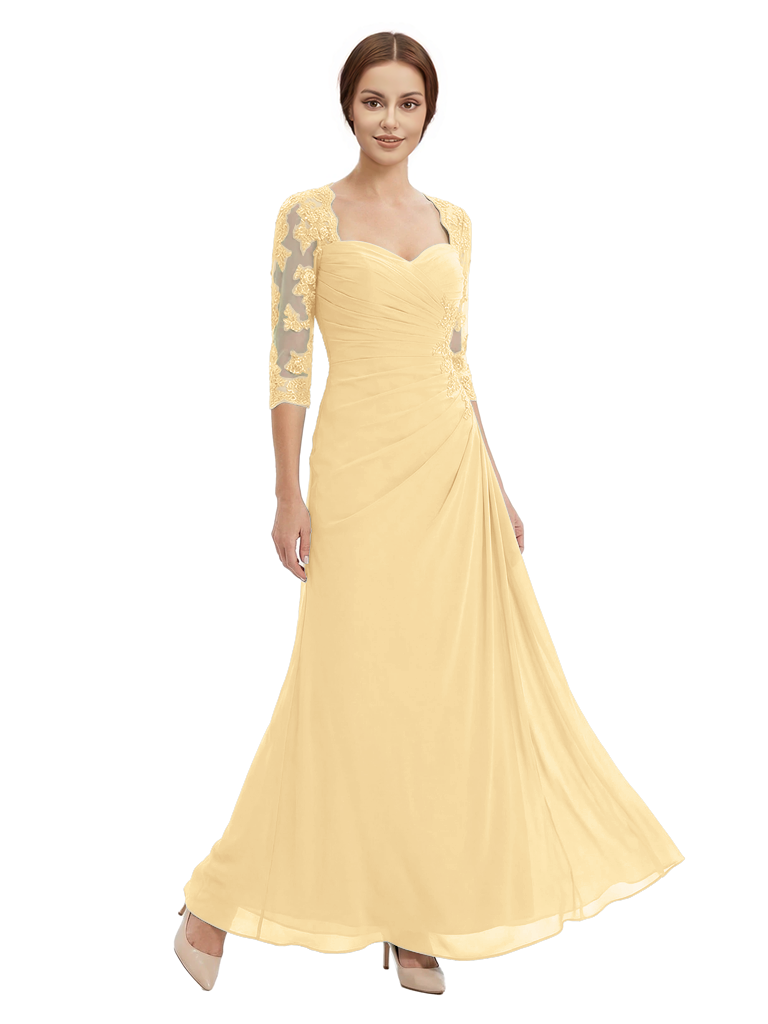 Sweetheart Ruched Lace 3/4 Sleeves A-Line Chiffon Mother Of The Groom Dress