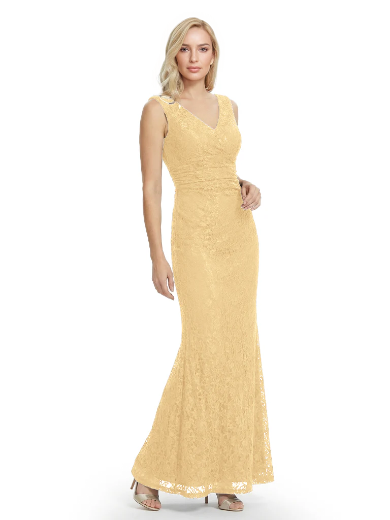 Mother of The Bride Dresses V-Neck Sleeveless Lace Mermaid Maxi Gown Elegant Flowy Formal Wedding Event Dress