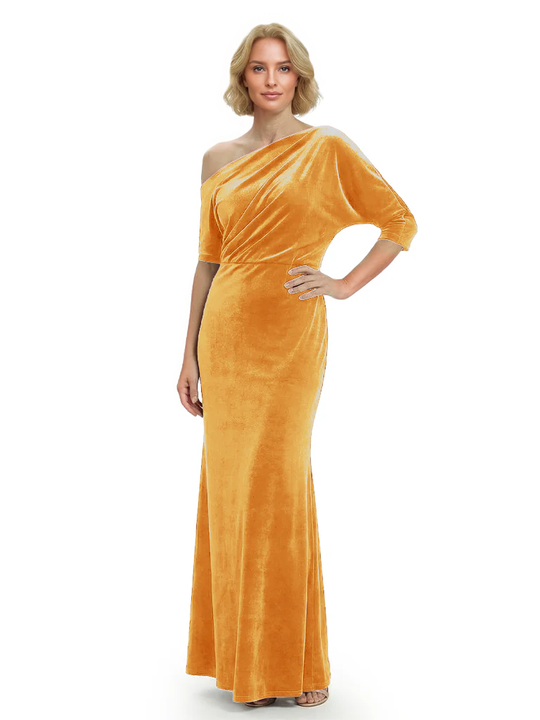 Sophisticated Asymmetrical Neckline Velvet Half Sleeves Maxi Mother Of The Groom Dress