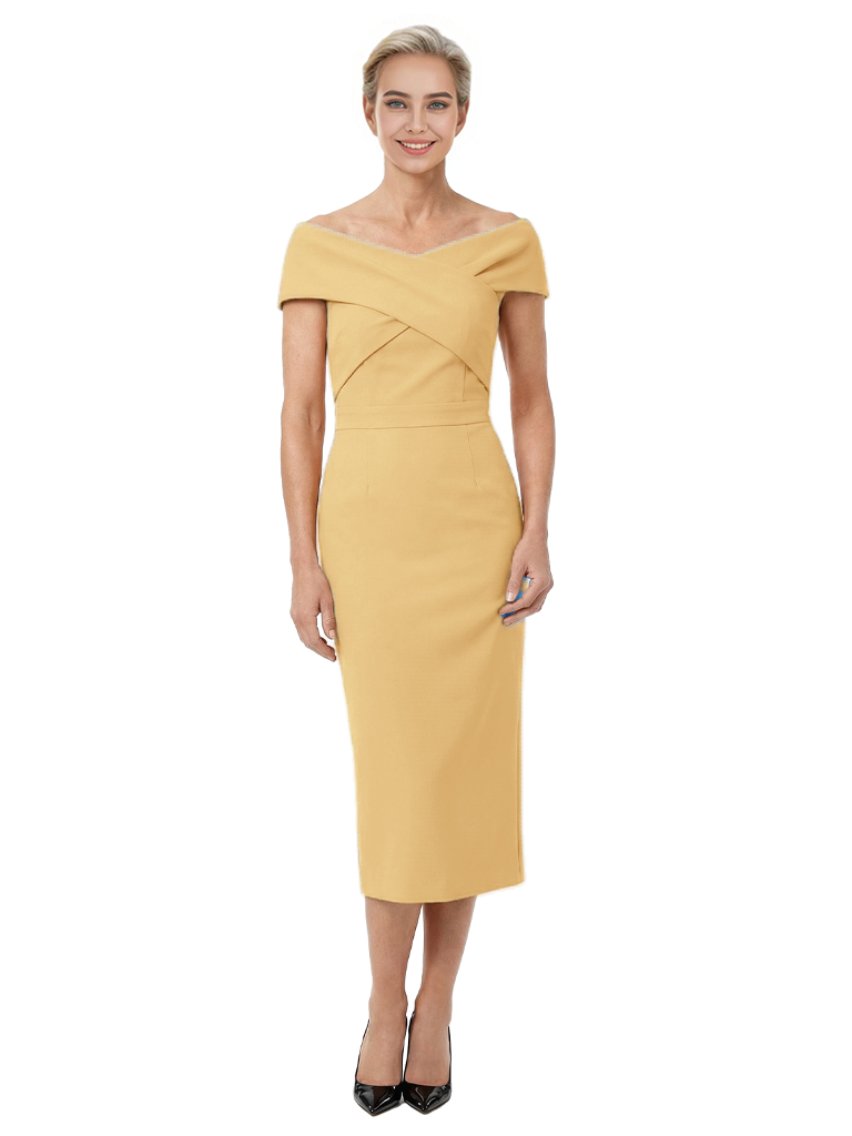 Mother of The Bride Dress Classy Off Shoulder Crepe Sheath Midi Gown Modern Wrap Detail