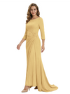 Mother of The Groom Dress Elegant Crew Scoop 3/4 Sleeve Crepe Maxi Gown Pleated Detail Classy Look