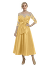 Unique Off Shoulder Tea-Length Satin Mother Of The Bride Dress With Lace Illusion