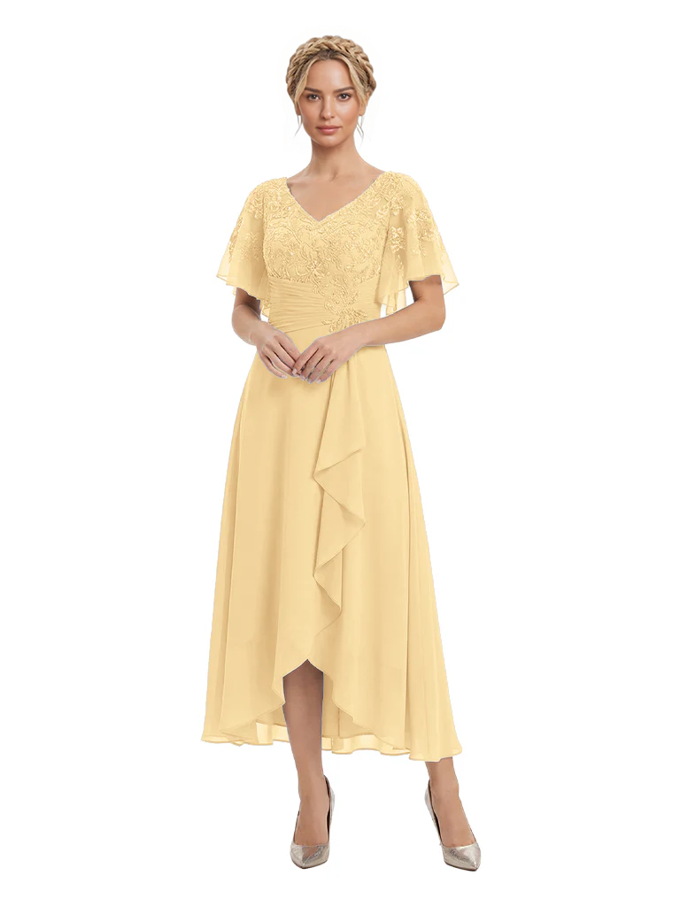 Unique Flutter Sleeves Lace Beaded Short Mother of the Groom Dresses