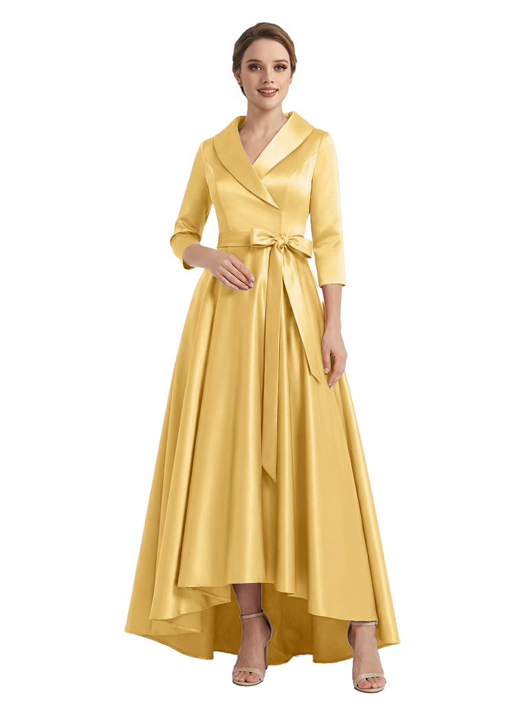 Modern High-Low 3/4 Sleeves Satin Mother Of The Bride Dress With Bow Knot