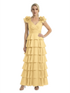 Mother of The Bride Dresses V-Neck Sleeveless Satin Tiered Maxi Gown Unique Flower Detailed Formal Wedding Event Attire