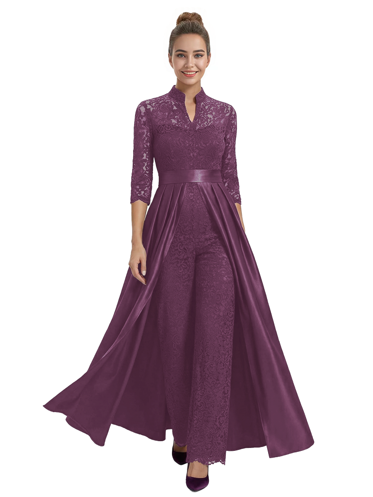 Mother of The Groom Outfit V-Neck 3/4 Sleeve Lace Pantsuit Satin Overskirt