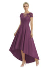 Elegant Mother of The Bride Dress Scoop Short Sleeve Lace Satin High-Low A-Line Gown