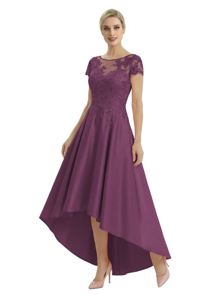 Elegant Mother of The Bride Dress Scoop Short Sleeve Lace Satin High-Low A-Line Gown