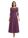 Mother of The Groom Dress Off Shoulder 3/4 Sleeve Lace Satin Midi Gown Classy Pleated
