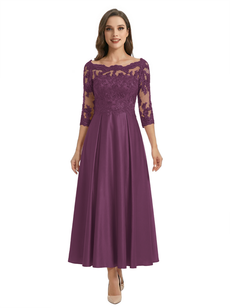 Mother of The Groom Dress Off Shoulder 3/4 Sleeve Lace Satin Midi Gown Classy Pleated