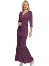 Mother of The Bride Dress Elegant V-Neck 3/4 Sleeve Satin Trumpet Maxi Gown