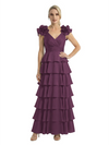 Mother of The Bride Dresses V-Neck Sleeveless Satin Tiered Maxi Gown Unique Flower Detailed Formal Wedding Event Attire