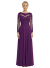 Mother of The Bride Dresses Scoop Long Sleeve Lace Chiffon Maxi Gown Pretty Embroidered Formal Wedding Event Attire