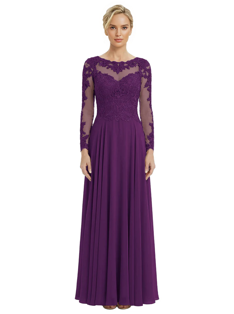 Mother of The Bride Dresses Scoop Long Sleeve Lace Chiffon Maxi Gown Pretty Embroidered Formal Wedding Event Attire