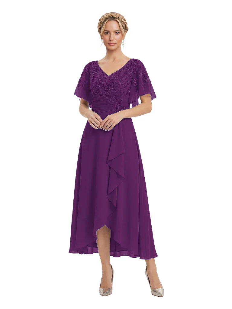 Unique Flutter Sleeves Lace Beaded Short Mother of the Groom Dresses