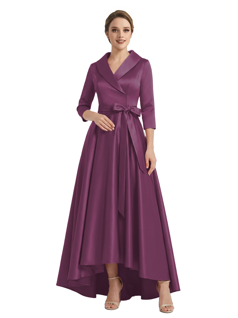 Modern High-Low 3/4 Sleeves Satin Mother Of The Bride Dress With Bow Knot