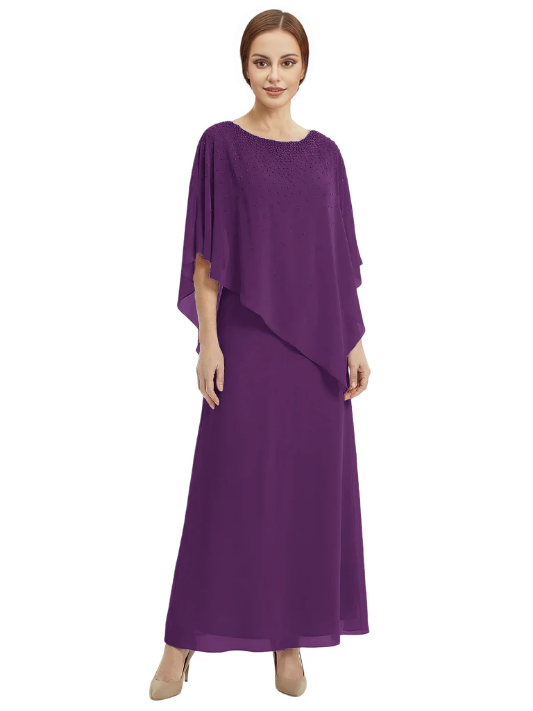 Classy Beaded Chiffon Overlay Poncho Style Mother of the Bride Gown