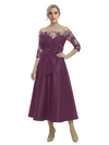 Unique Off Shoulder Tea-Length Satin Mother Of The Bride Dress With Lace Illusion