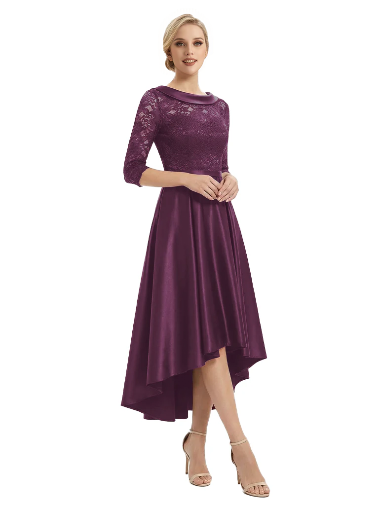 Elegant Boat Neck Satin Lace Mother Of The Bride Dresses High-Low A-Line Gowns