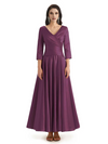 Elegant Soft Satin 3/4 Sleeves V-Neck Ankle Length Mother of The Bride Dresses