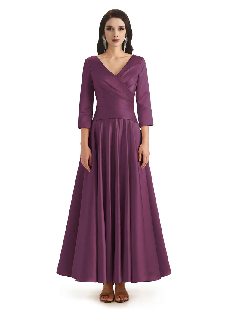 Elegant Soft Satin 3/4 Sleeves V-Neck Ankle Length Mother of The Bride Dresses