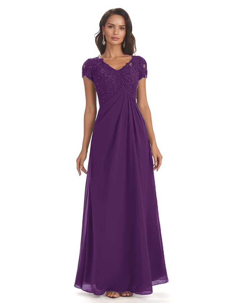 Elegant Short Sleeves Beaded Pleats A-line Floor-Length Mother of The Bride Dresses