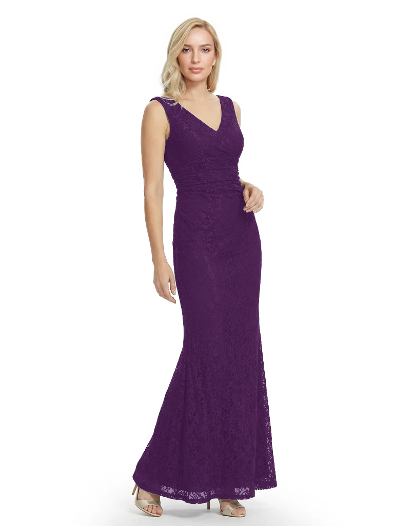 Mother of The Bride Dresses V-Neck Sleeveless Lace Mermaid Maxi Gown Elegant Flowy Formal Wedding Event Dress