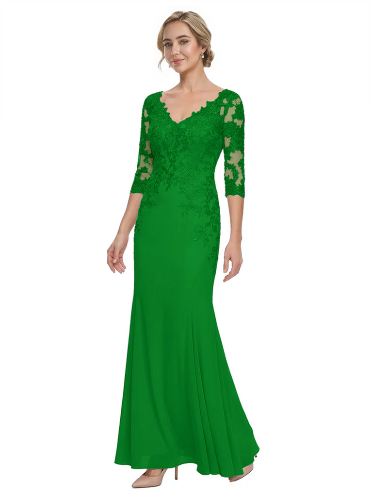 Mother of The Bride Gown V-Neck Half Sleeve Lace Chiffon Trumpet Maxi Dress Unique Sophisticated