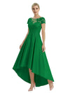 Elegant Mother of The Bride Dress Scoop Short Sleeve Lace Satin High-Low A-Line Gown