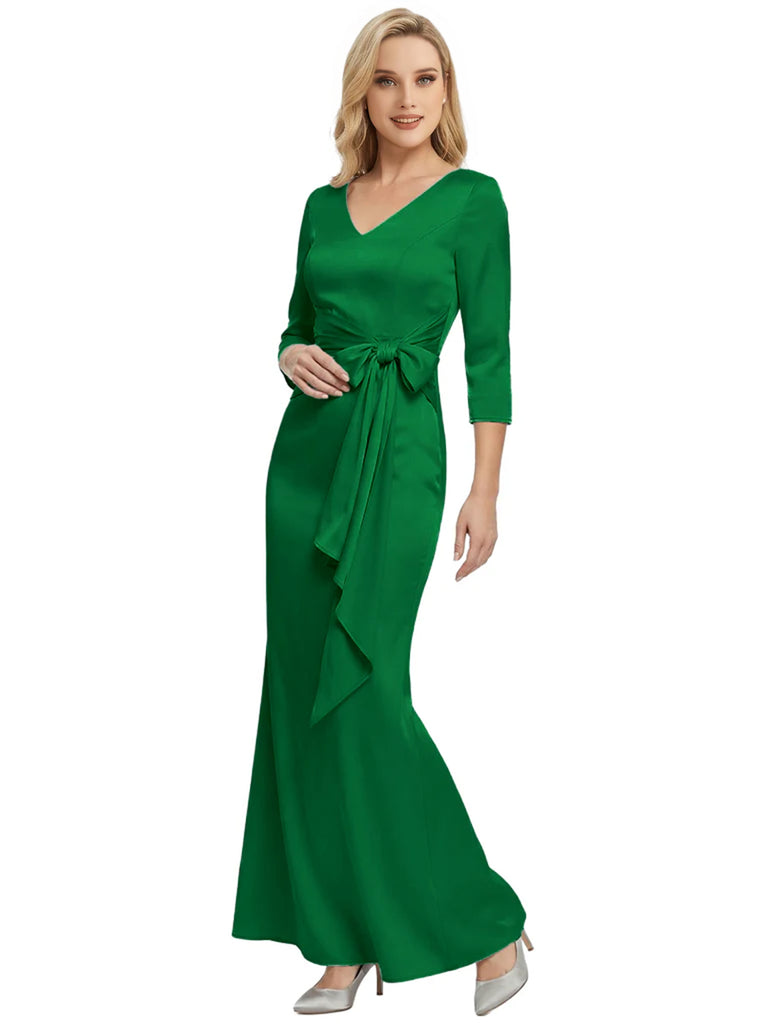 Mother of The Bride Dress Elegant V-Neck 3/4 Sleeve Satin Trumpet Maxi Gown