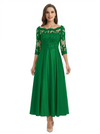 Mother of The Groom Dress Off Shoulder 3/4 Sleeve Lace Satin Midi Gown Classy Pleated