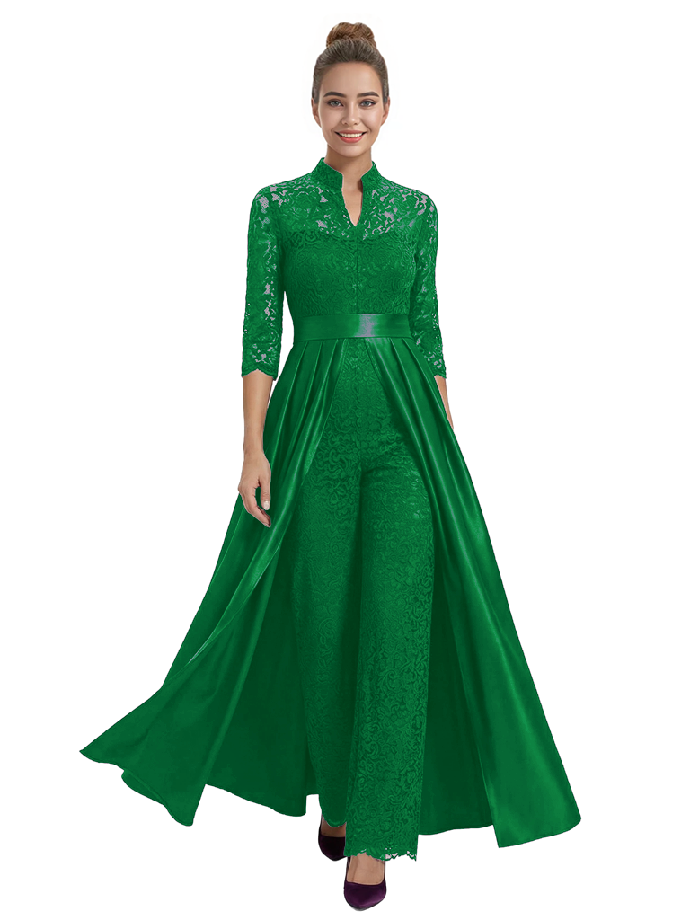 Mother of The Groom Outfit V-Neck 3/4 Sleeve Lace Pantsuit Satin Overskirt