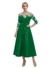 Unique Off Shoulder Tea-Length Satin Mother Of The Bride Dress With Lace Illusion